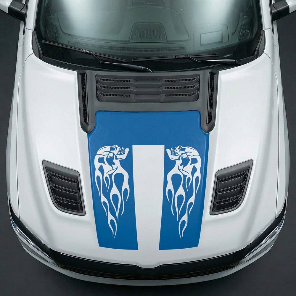 Hood Panel Decal/Sticker - Fiery Skulls Custom U-Shape Graphic Kit - For Dodge Ram 2019-2025 - Premium Vinyl