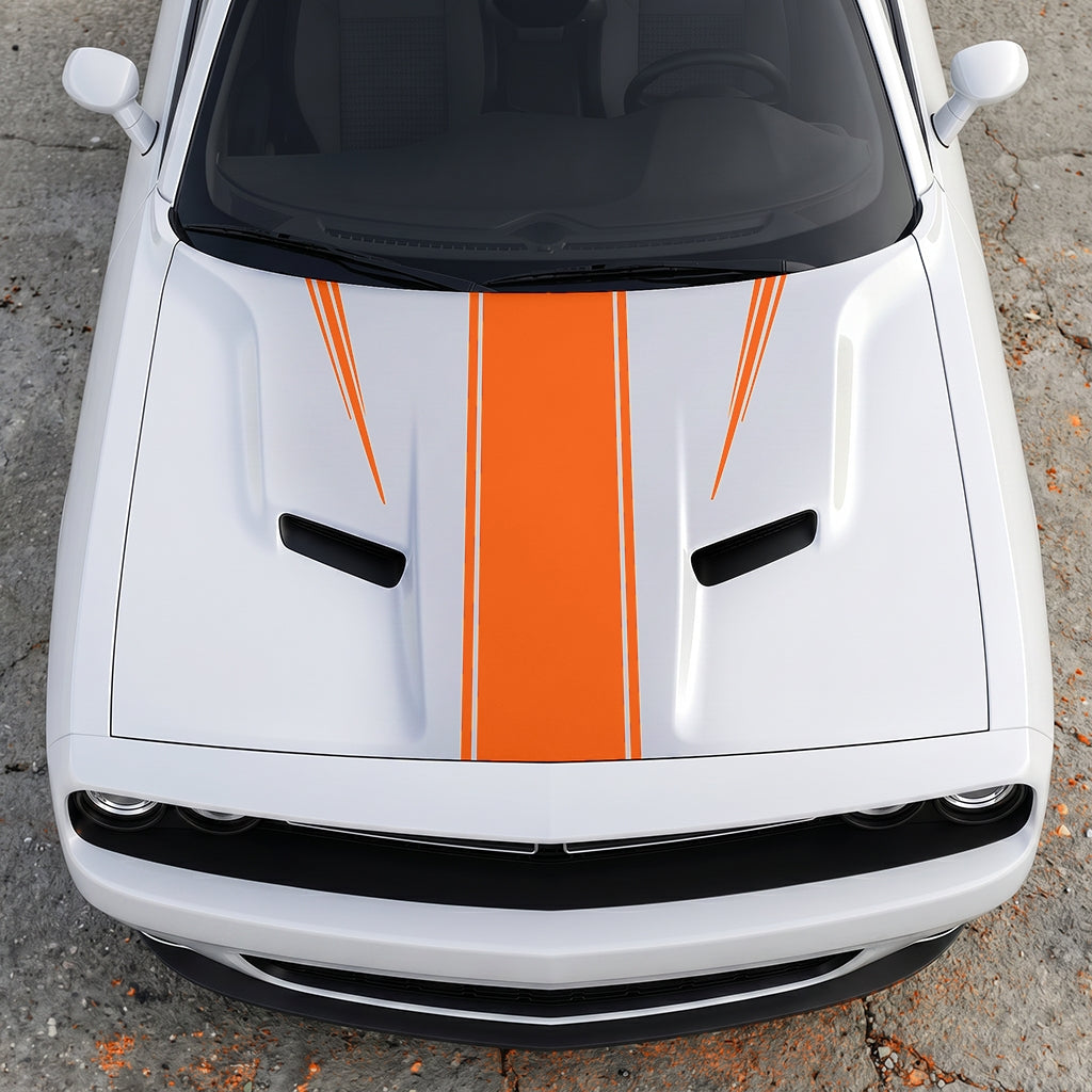 Hood Panel Decal/Sticker - Sport Rally Triple-Threat Stripe - Center-Line and Fender-Flair Accent Graphic Kit - For Dodge Challenger 2015-2024 - Premium Vinyl