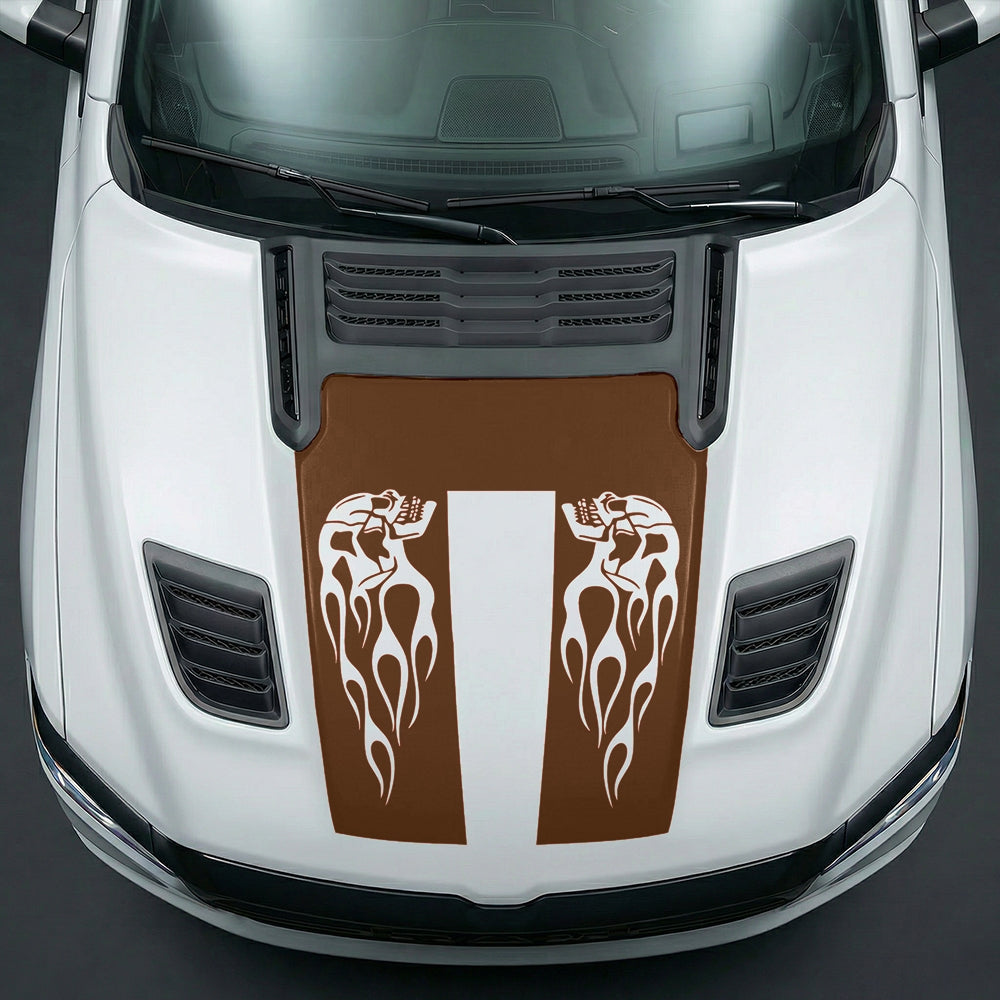 Hood Panel Decal/Sticker - Fiery Skulls Custom U-Shape Graphic Kit - For Dodge Ram 2019-2025 - Premium Vinyl