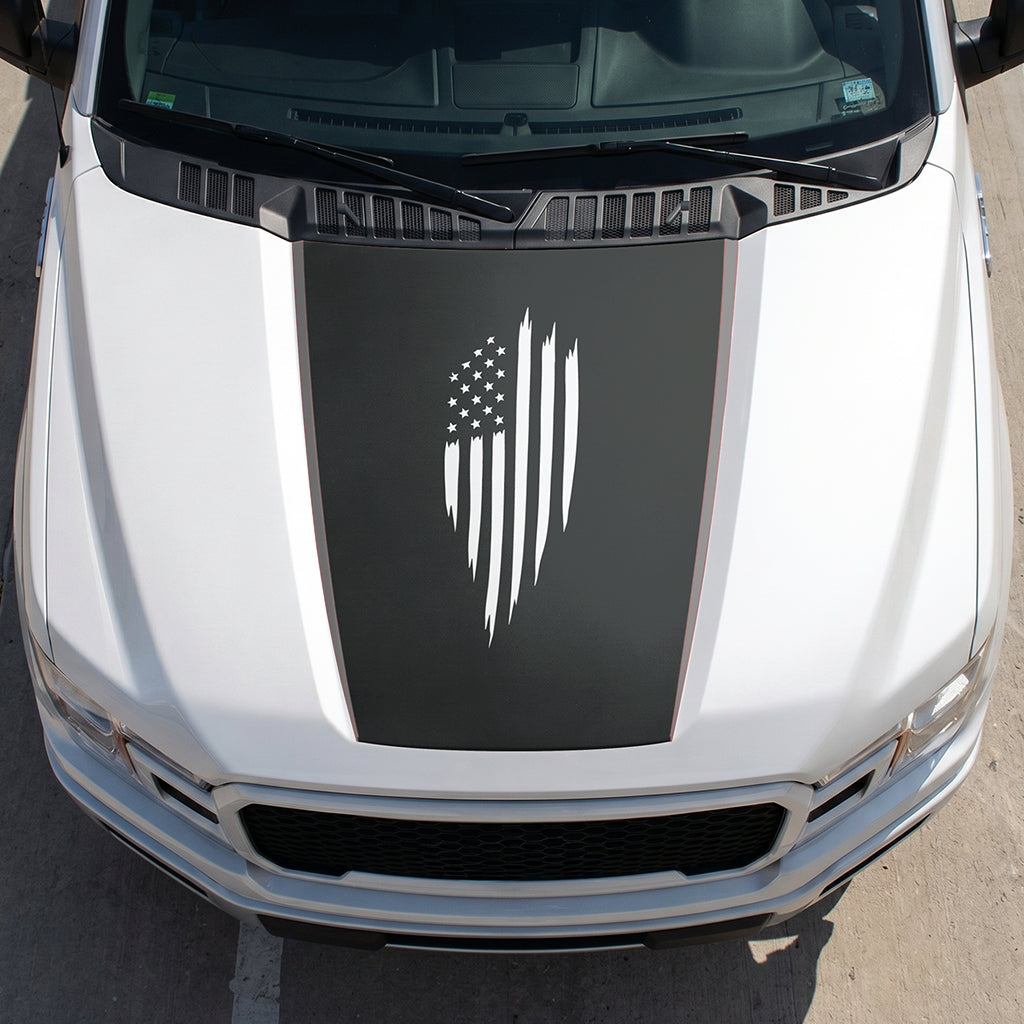 Hood Panel Decal/Sticker - Scratched America Flag Graphic Decal Graphic Kit - For Ford F-150 2015-2020 - Premium Vinyl