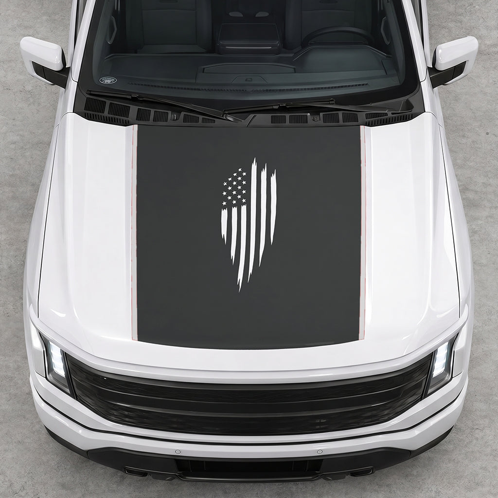 Hood Panel Decal/Sticker - Scratched America Flag Graphic Decal Graphic Kit - For Ford F-150 2015-2020 - Premium Vinyl