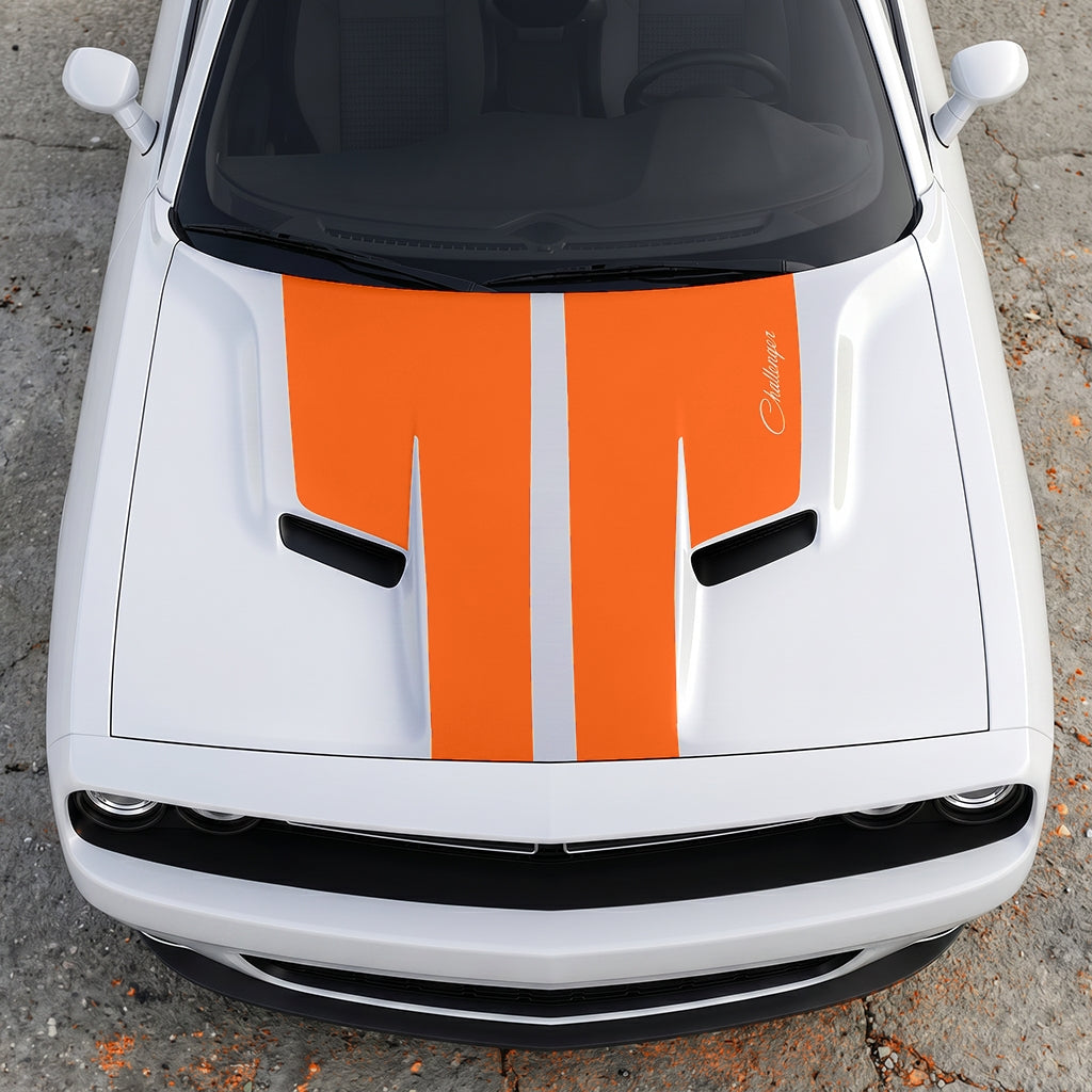 Hood Panel Decal/Sticker - Retro Script Challenger Heritage - Split Center Sport Stripe Series Graphic Kit - For Dodge Challenger 2015-2024 - Premium Vinyl