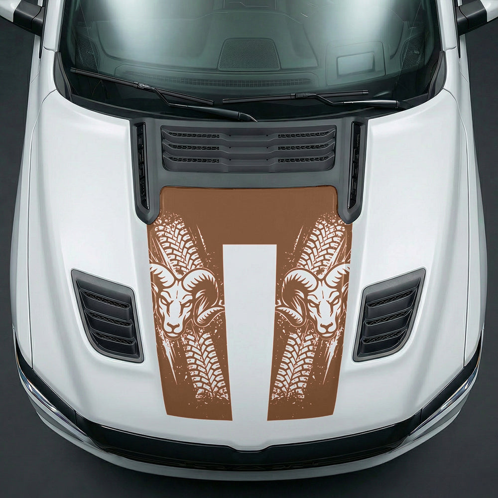 Hood Panel Decal/Sticker - Rugged Mud Tire Tread & RAM Head Graphic Kit - For Dodge Ram 2019-2025 - Premium Vinyl