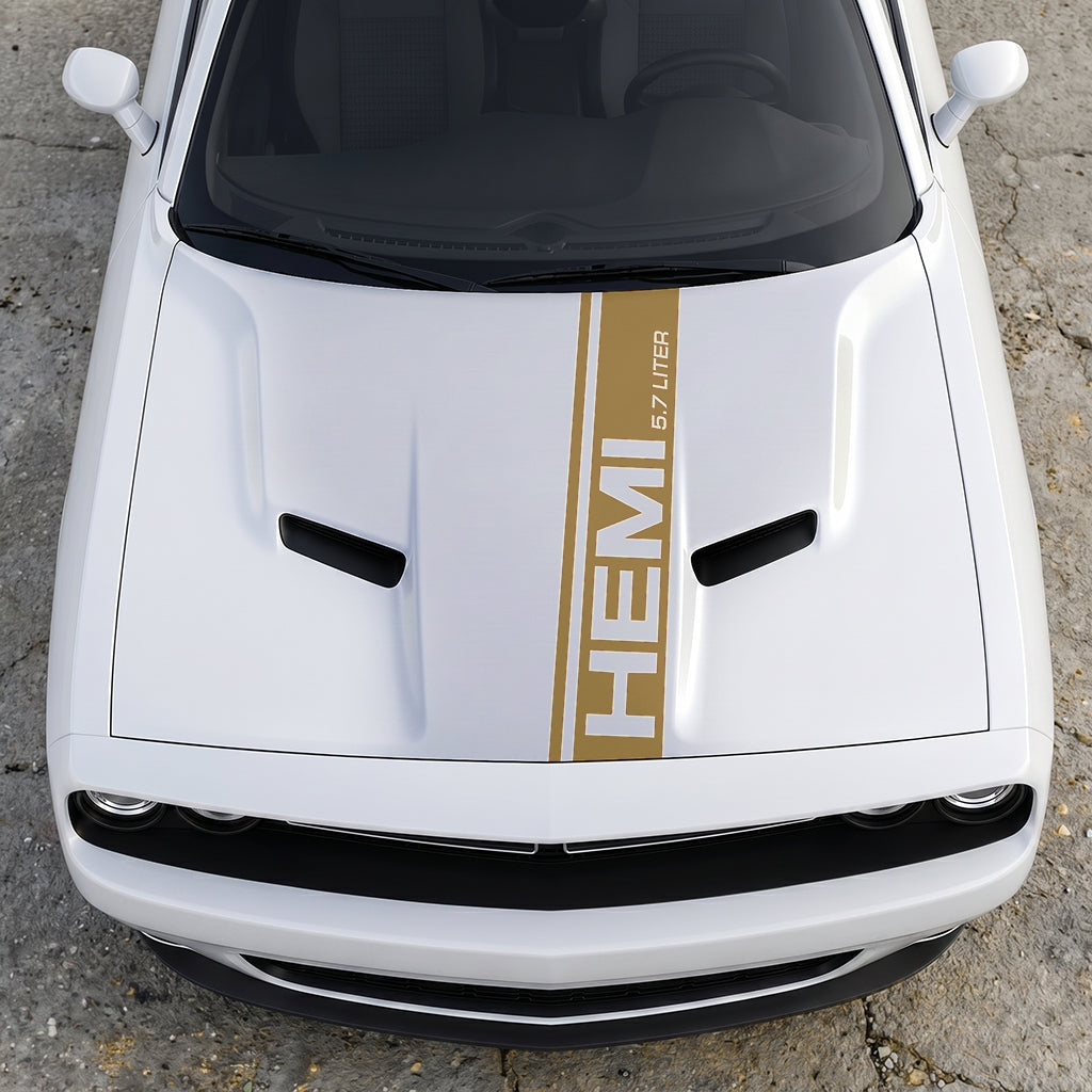 Hood Panel Decal/Sticker - HEMI 5.7 Liter Vertical Performance Stripe - Pillar Style Side-Hood Accent Vinyl Graphic Kit - For Dodge Challenger 2015-2024 - Premium Vinyl