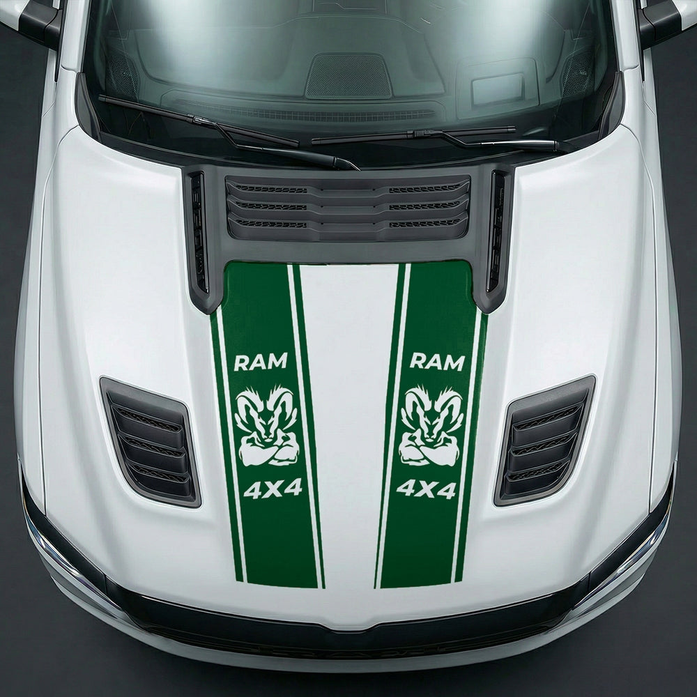 Hood Panel Decal/Sticker - Muscular Ram Mascot 4x4 Twin Stripe Graphic Kit - For Dodge Ram 2019-2025 - Premium Vinyl