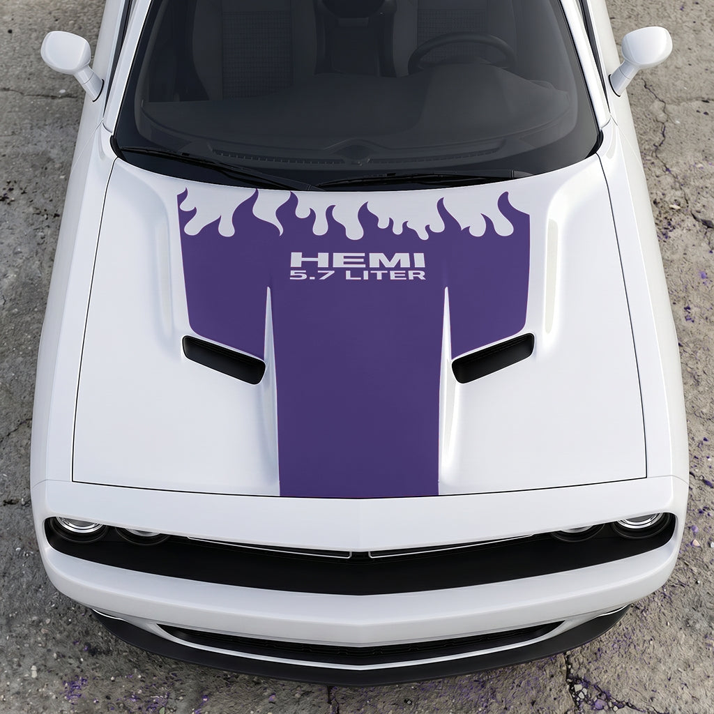 Hood Panel Decal/Sticker - HEMI 5.7 Liter Fire & Fury Flame Accent - Performance Red Series Graphic Kit - For Dodge Challenger 2015-2024 - Premium Vinyl