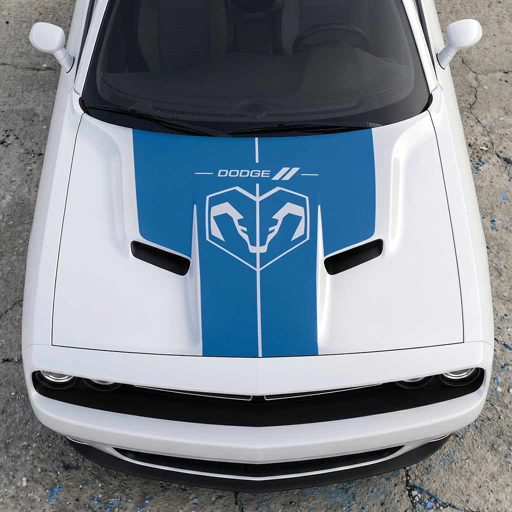 Hood Panel Decal/Sticker - Modern Ram Heritage Diamond Shield Overlay - Dodge Logo Split Stripe Graphic Kit - For Dodge Challenger 2015-2024 - Premium Vinyl
