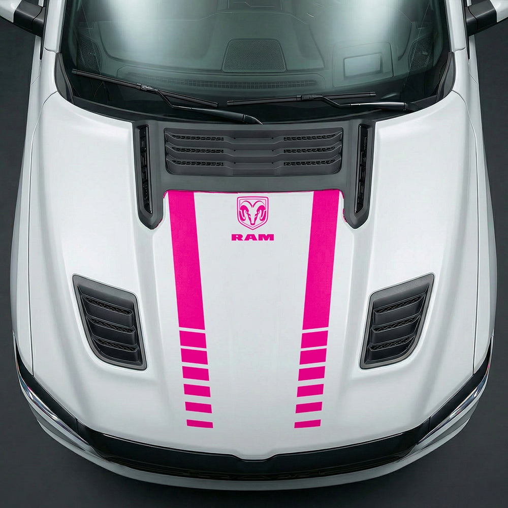 Hood Panel Decal/Sticker - Sport Strobe V-Stripes with Center RAM Logo - Cut Graphic Kit - For Dodge Ram 2019-2025 - Premium Vinyl