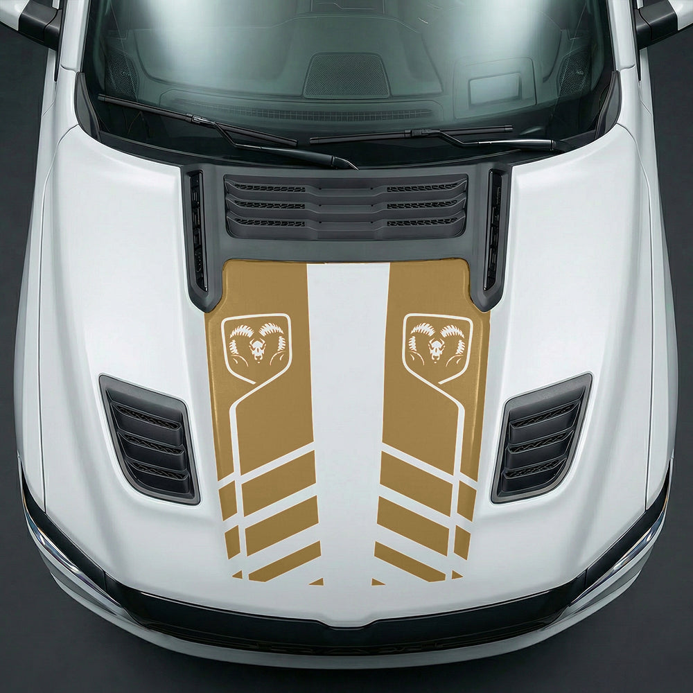 Hood Panel Decal/Sticker - Slotted Sport Stripe with RAM Shield Badge Graphic Kit - For Dodge Ram 2019-2025 - Premium Vinyl