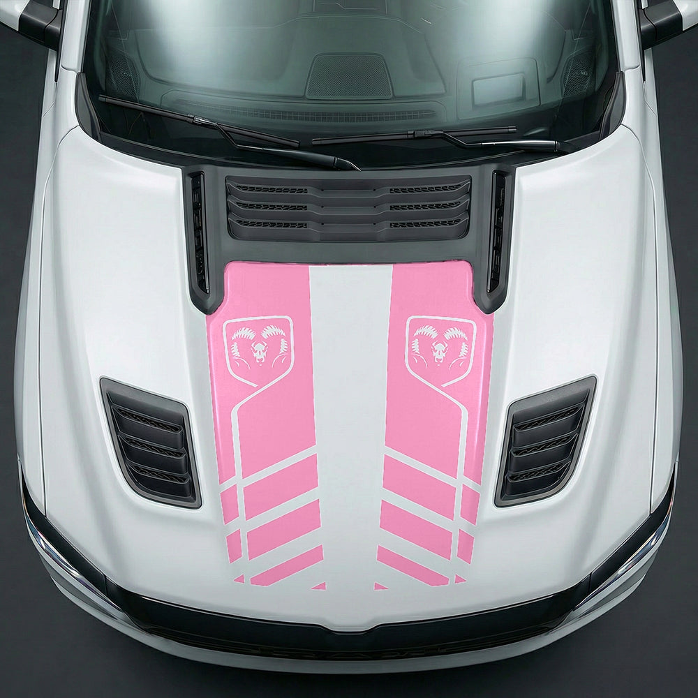 Hood Panel Decal/Sticker - Slotted Sport Stripe with RAM Shield Badge Graphic Kit - For Dodge Ram 2019-2025 - Premium Vinyl