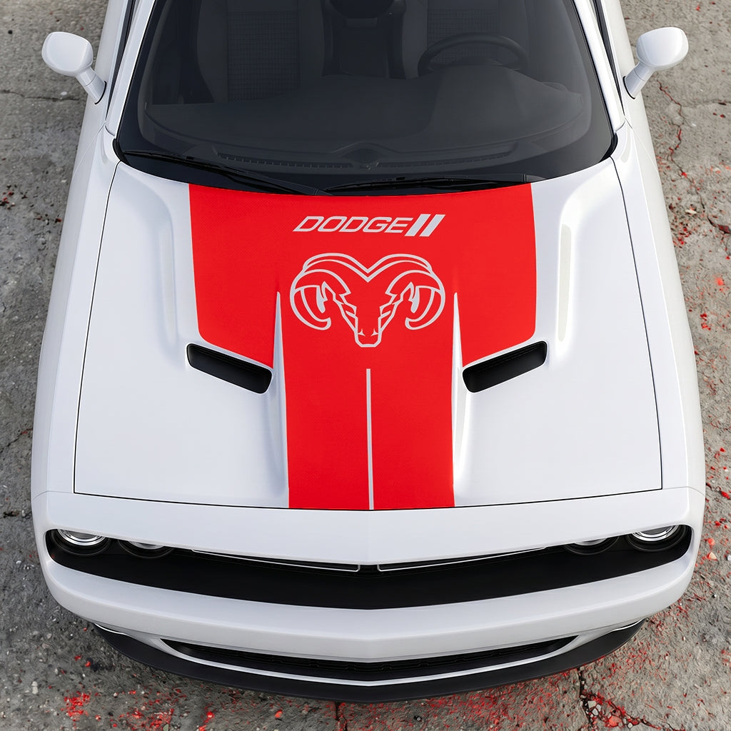 Hood Panel Decal/Sticker - Classic Ram Head Horns Up - Bold Dodge Branding Graphic Kit - For Dodge Challenger 2015-2024 - Premium Vinyl