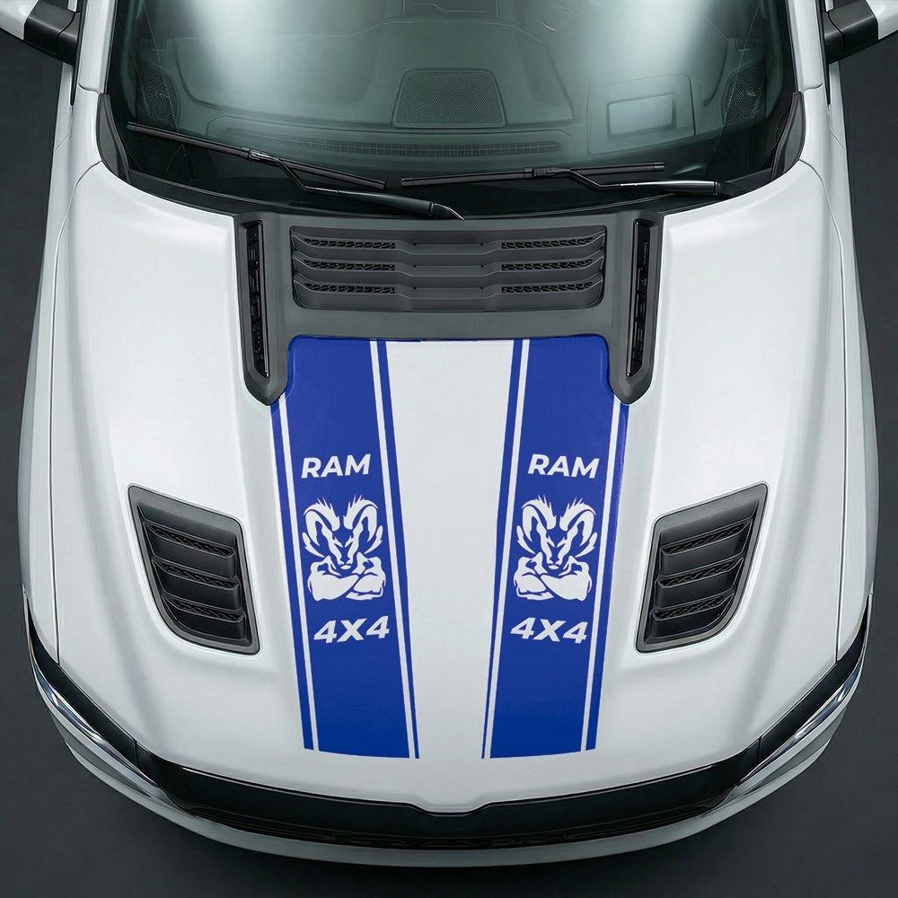 Hood Panel Decal/Sticker - Muscular Ram Mascot 4x4 Twin Stripe Graphic Kit - For Dodge Ram 2019-2025 - Premium Vinyl