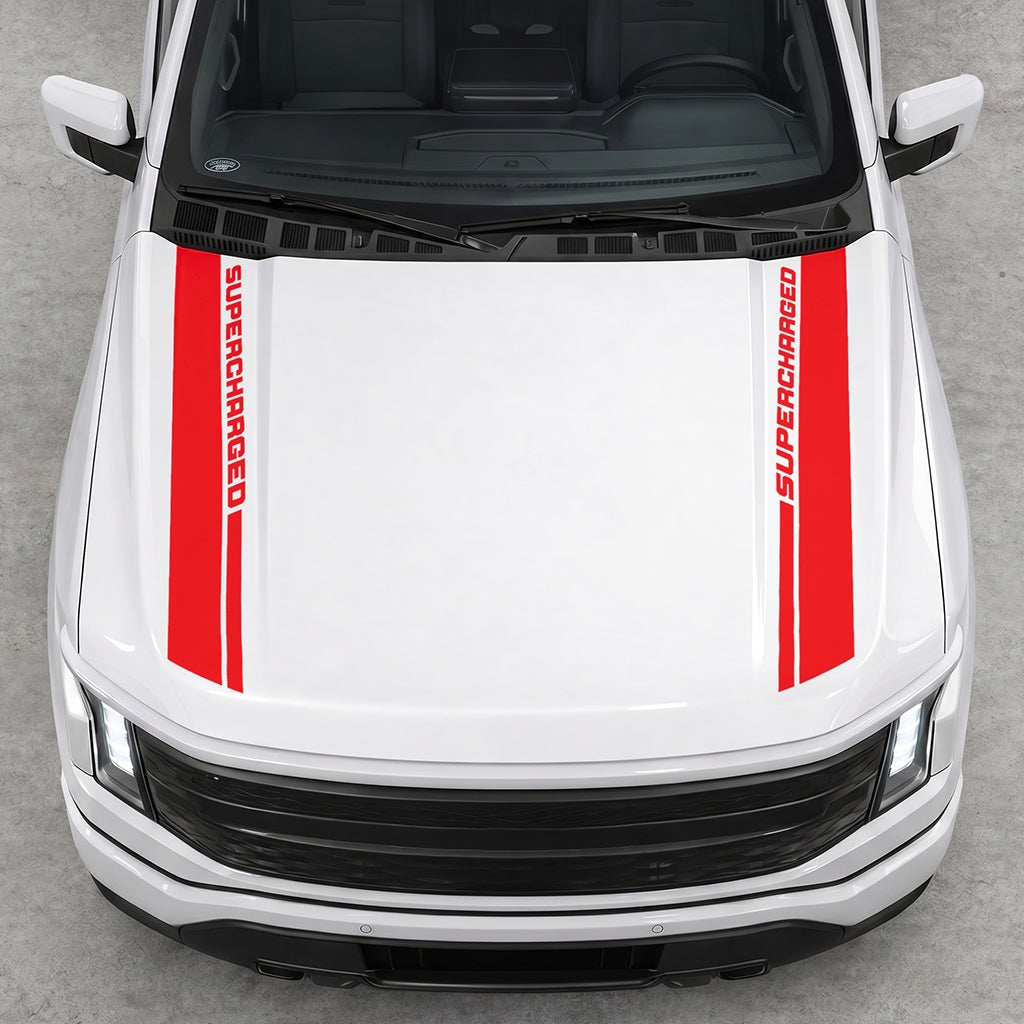Hood Panel Decal/Sticker - Double Side SuperCharged Graphic Decal Graphic Kit - For Ford F-150 2015-2020 - Premium Vinyl