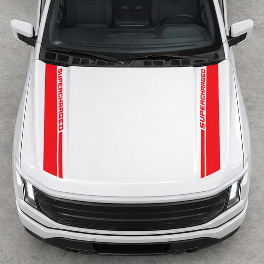 Hood Panel Decal/Sticker - Double Side SuperCharged Graphic Decal Graphic Kit - For Ford F-150 2015-2020 - Premium Vinyl