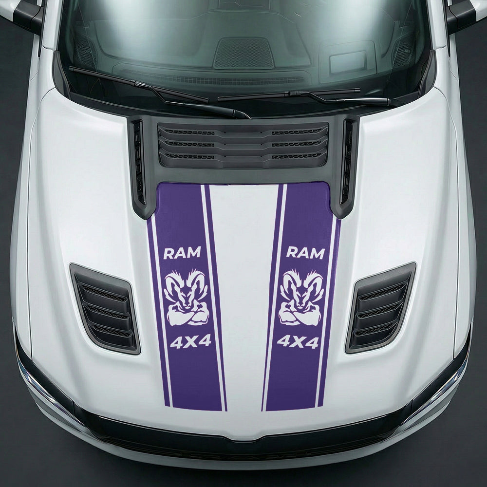 Hood Panel Decal/Sticker - Muscular Ram Mascot 4x4 Twin Stripe Graphic Kit - For Dodge Ram 2019-2025 - Premium Vinyl