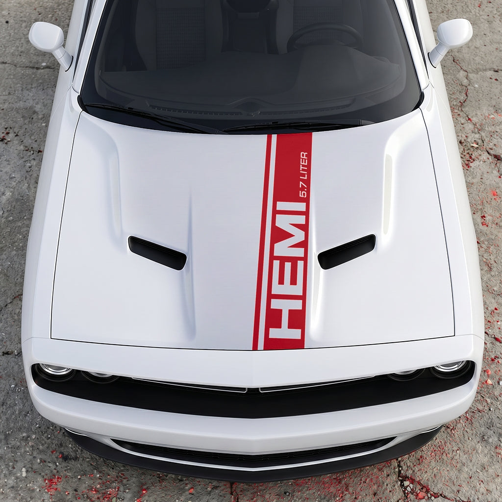 Hood Panel Decal/Sticker - HEMI 5.7 Liter Vertical Performance Stripe - Pillar Style Side-Hood Accent Vinyl Graphic Kit - For Dodge Challenger 2015-2024 - Premium Vinyl