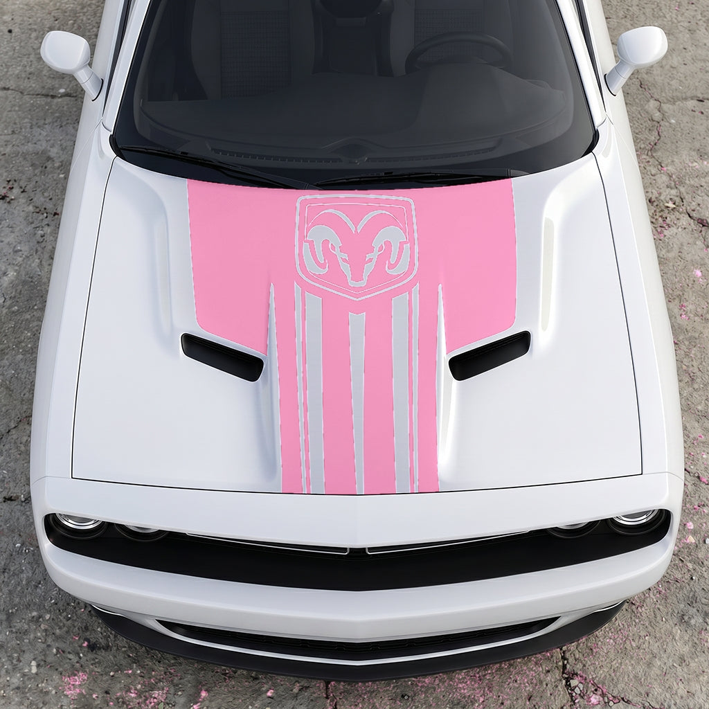 Hood Panel Decal/Sticker - Ram Emblem Apex Crest Triple-Stripe - Rugged Shield Design Vinyl Graphic Kit - For Dodge Challenger 2015-2024 - Premium Vinyl