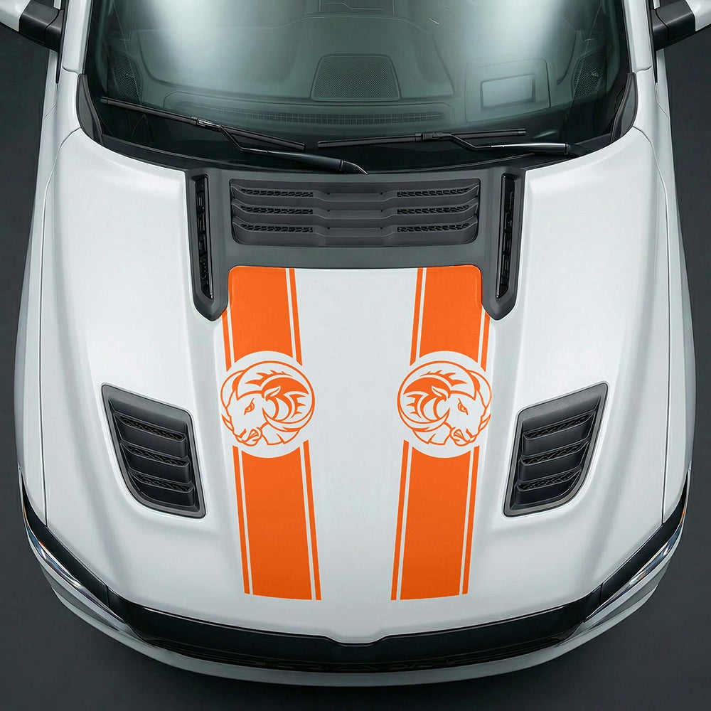 Hood Panel Decal/Sticker - Aggressive RAM Mascot Twin Racing Stripe Graphic Kit - For Dodge Ram 2019-2025 - Premium Vinyl
