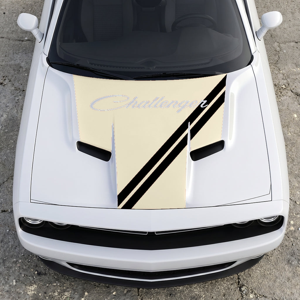Hood Panel Decal/Sticker - Challenger Script Sidewinder Stripe - Dual-Band Offset Racing Graphic Kit - For Dodge Challenger 2015-2024 - Premium Vinyl
