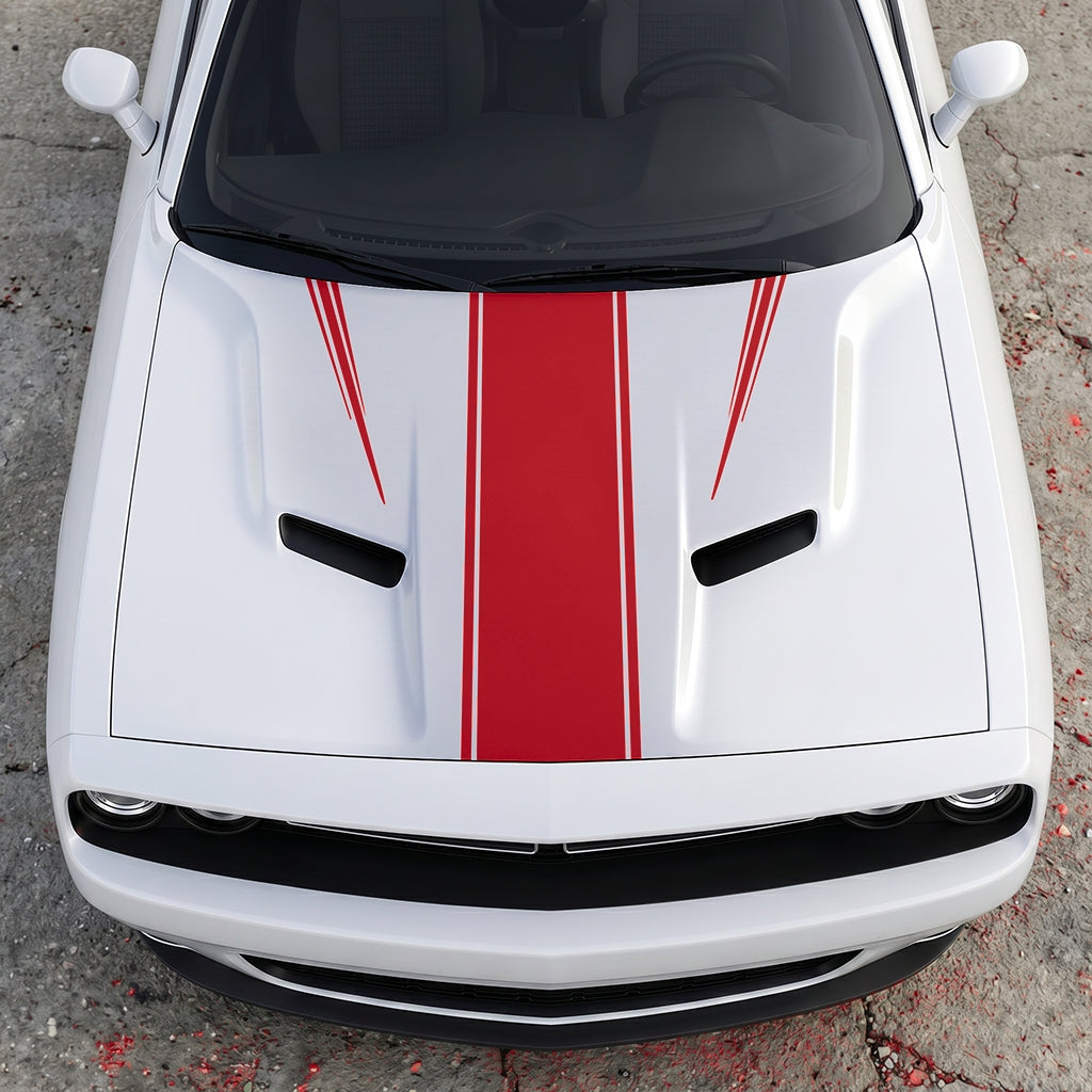 Hood Panel Decal/Sticker - Sport Rally Triple-Threat Stripe - Center-Line and Fender-Flair Accent Graphic Kit - For Dodge Challenger 2015-2024 - Premium Vinyl