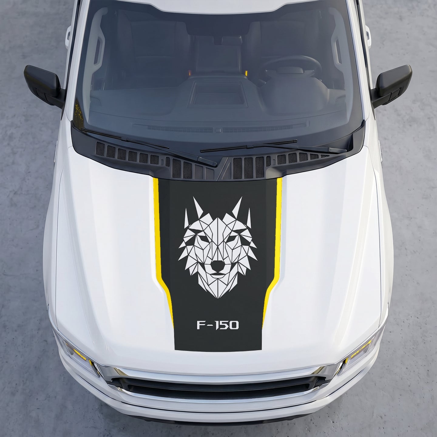 Hood Panel Decal/Sticker - Geometric Low-Poly Wolf Hood Decal Wrap – Matte Black Shield with White Origami Wolf Head Graphic Kit - For Ford F-150 F150 2015-2020 - Premium Vinyl