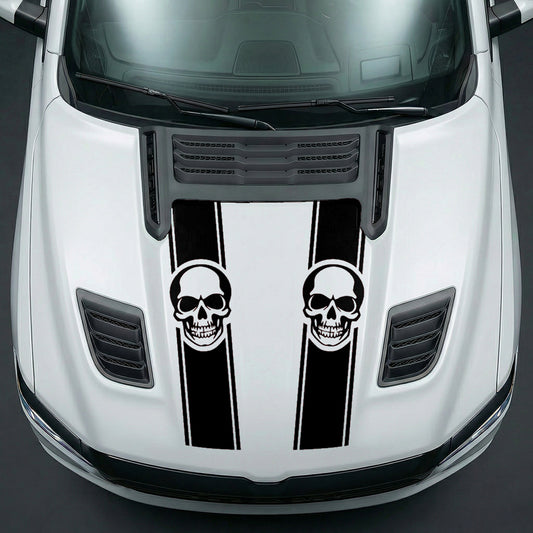 Hood Panel Decal/Sticker - Sinister Skull Racing Stripes Graphic Kit - For Dodge Ram 2019-2025 - Premium Vinyl