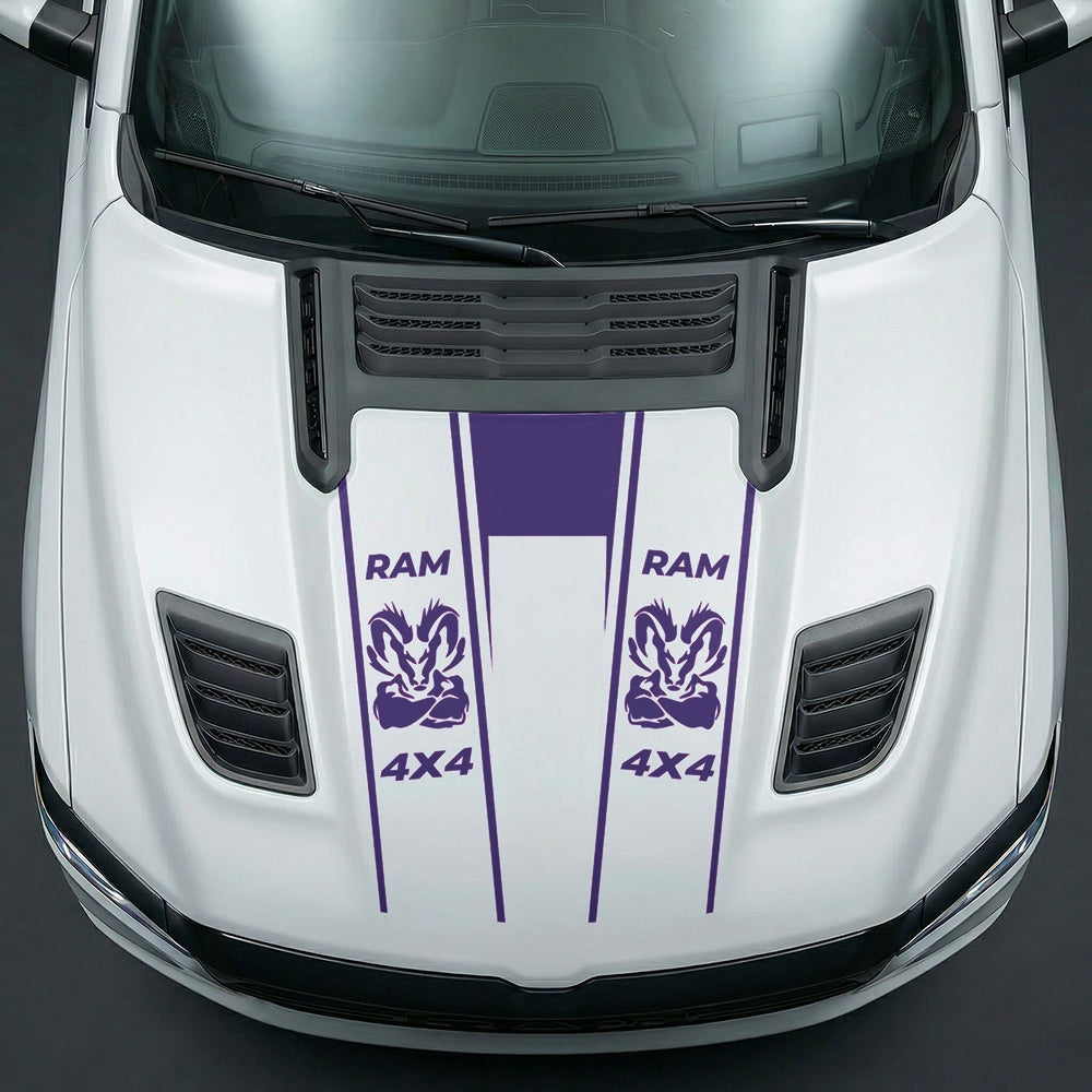 Hood Panel Decal/Sticker - Muscular Ram Mascot 4x4 Twin Stripe U-Shape Graphic Kit - For Dodge Ram 2019-2025 - Premium Vinyl