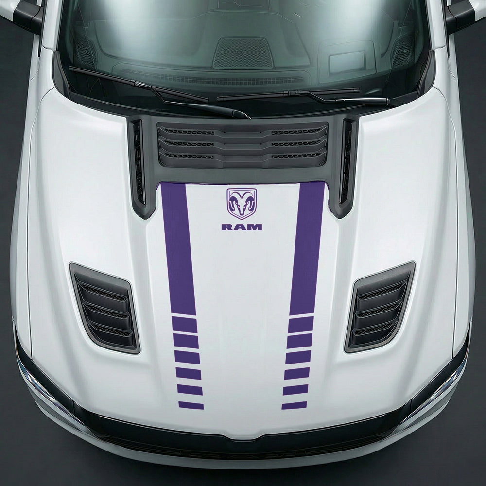 Hood Panel Decal/Sticker - Sport Strobe V-Stripes with Center RAM Logo - Cut Graphic Kit - For Dodge Ram 2019-2025 - Premium Vinyl