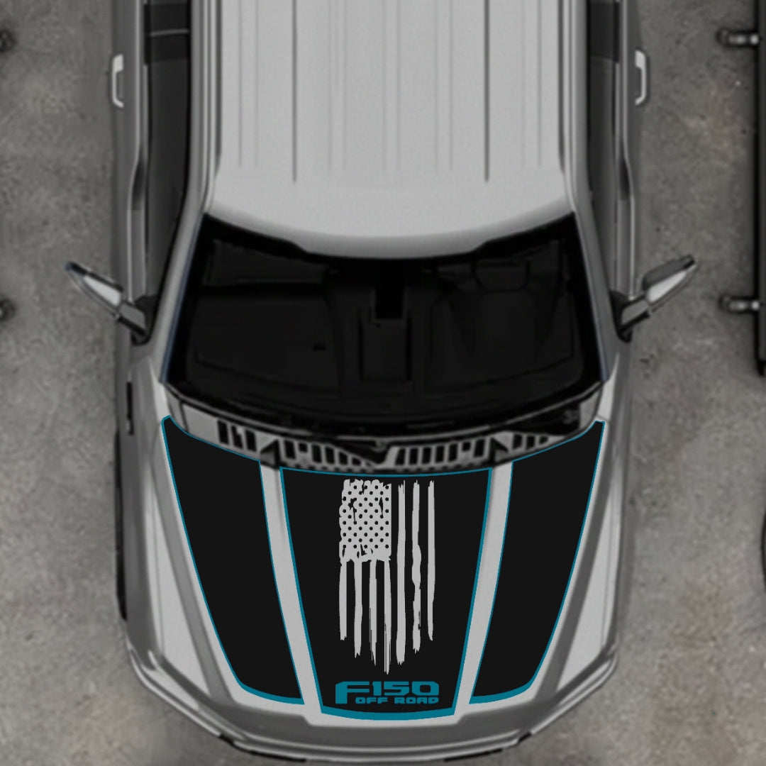 Hood Panel Decal/Sticker - USA Style 3 - Cut - Border Graphic Kit - For Ford F-150 2020-2026 - Premium Vinyl