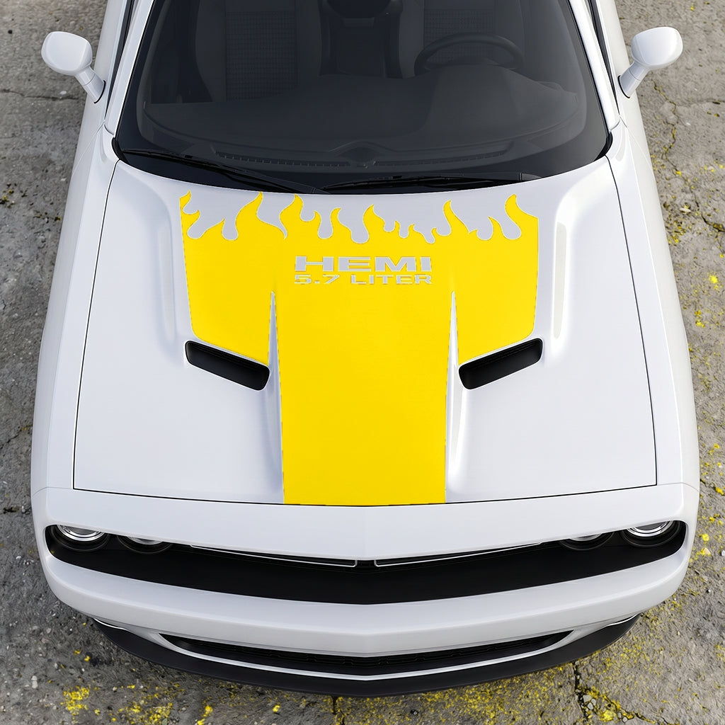 Hood Panel Decal/Sticker - HEMI 5.7 Liter Fire & Fury Flame Accent - Performance Red Series Graphic Kit - For Dodge Challenger 2015-2024 - Premium Vinyl