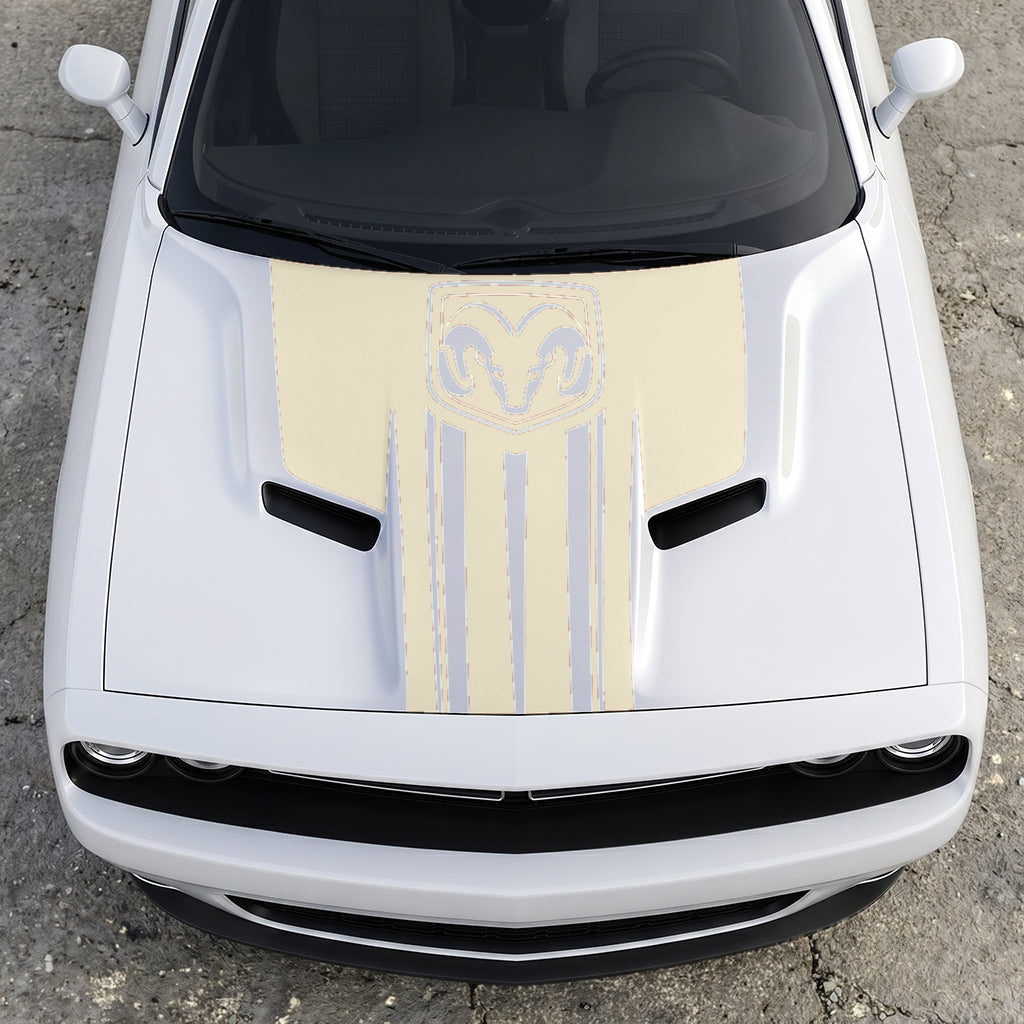 Hood Panel Decal/Sticker - Ram Emblem Apex Crest Triple-Stripe - Rugged Shield Design Vinyl Graphic Kit - For Dodge Challenger 2015-2024 - Premium Vinyl