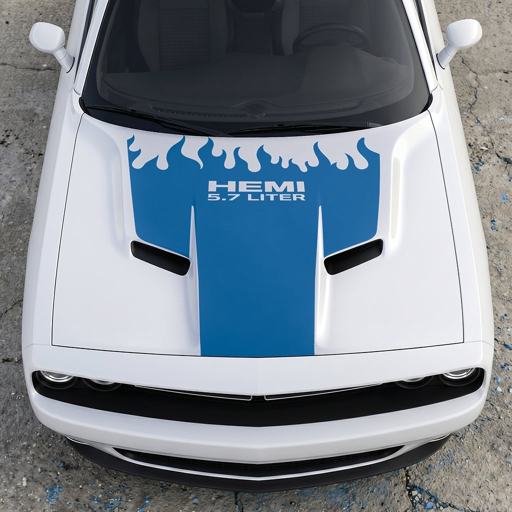 Hood Panel Decal/Sticker - HEMI 5.7 Liter Fire & Fury Flame Accent - Performance Red Series Graphic Kit - For Dodge Challenger 2015-2024 - Premium Vinyl