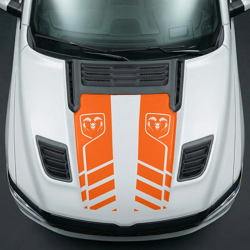 Hood Panel Decal/Sticker - Slotted Sport Stripe with RAM Shield Badge Graphic Kit - For Dodge Ram 2019-2025 - Premium Vinyl