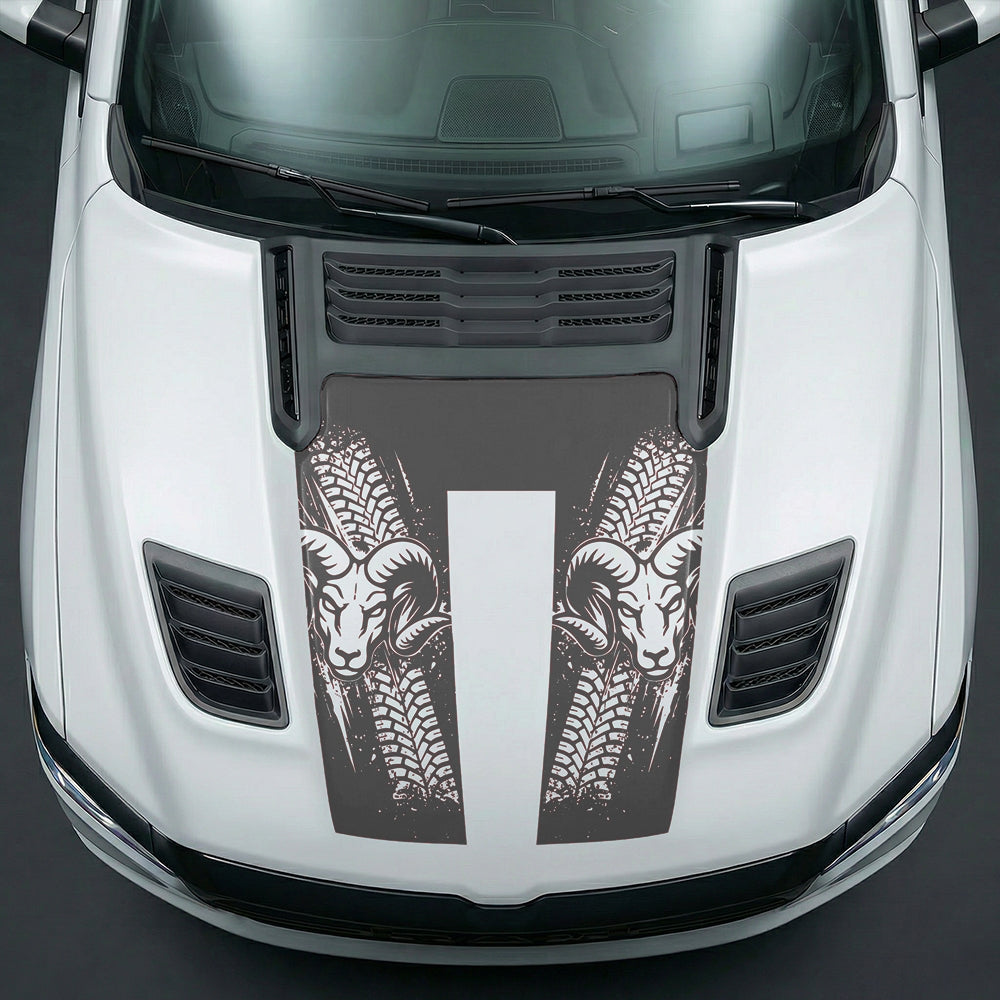 Hood Panel Decal/Sticker - Rugged Mud Tire Tread & RAM Head Graphic Kit - For Dodge Ram 2019-2025 - Premium Vinyl