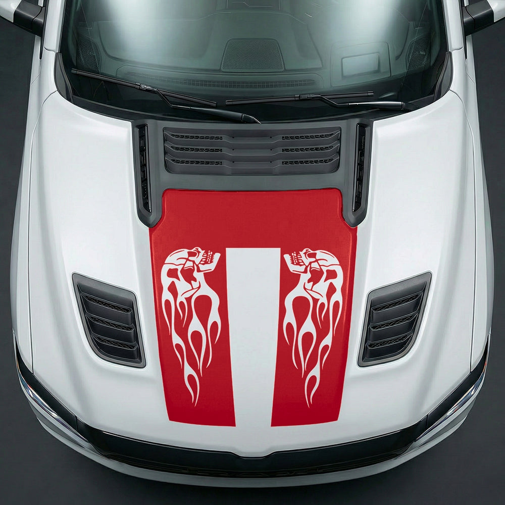 Hood Panel Decal/Sticker - Fiery Skulls Custom U-Shape Graphic Kit - For Dodge Ram 2019-2025 - Premium Vinyl