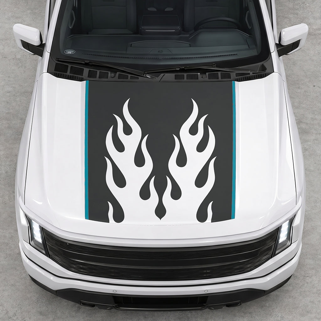 Hood Panel Decal/Sticker - Twin Burning Flames Graphic Decal Graphic Kit - For Ford F-150 2015-2020 - Premium Vinyl