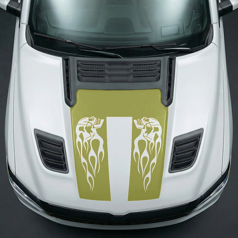 Hood Panel Decal/Sticker - Fiery Skulls Custom U-Shape Graphic Kit - For Dodge Ram 2019-2025 - Premium Vinyl