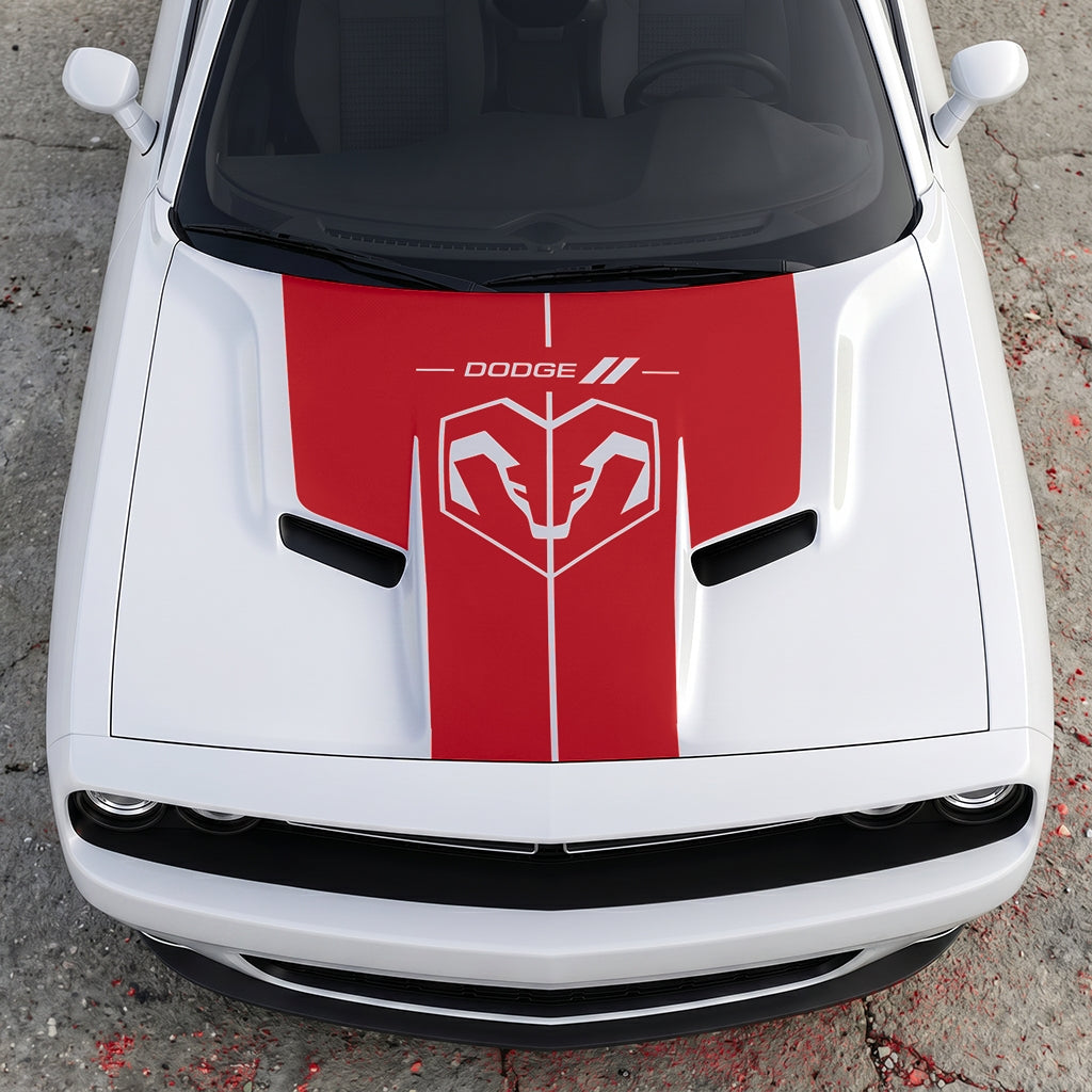 Hood Panel Decal/Sticker - Modern Ram Heritage Diamond Shield Overlay - Dodge Logo Split Stripe Graphic Kit - For Dodge Challenger 2015-2024 - Premium Vinyl