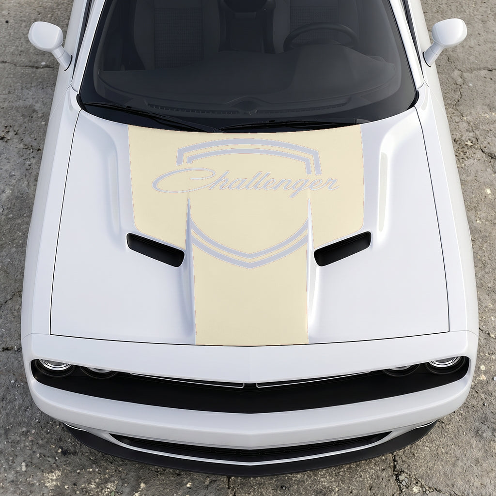 Hood Panel Decal/Sticker - Challenger Retro Script Shield - Vintage Style Crest Graphic Kit - For Dodge Challenger 2015-2024 - Premium Vinyl
