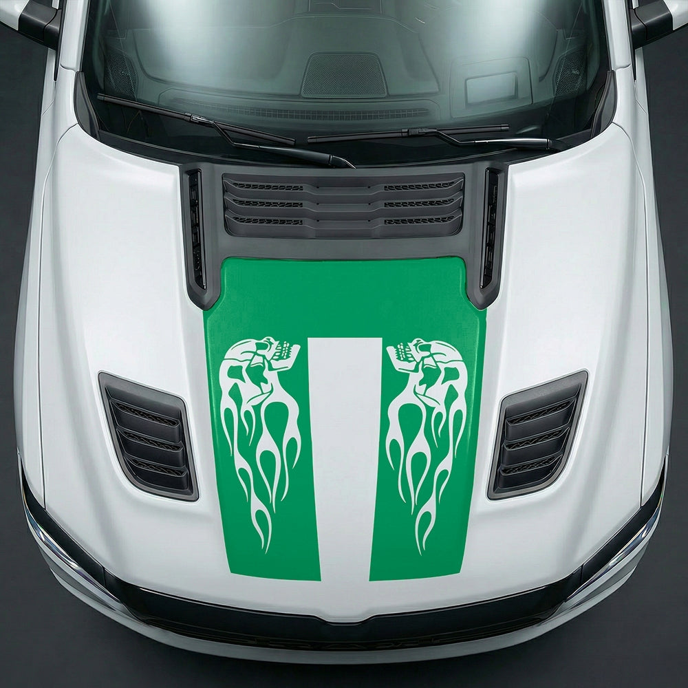 Hood Panel Decal/Sticker - Fiery Skulls Custom U-Shape Graphic Kit - For Dodge Ram 2019-2025 - Premium Vinyl