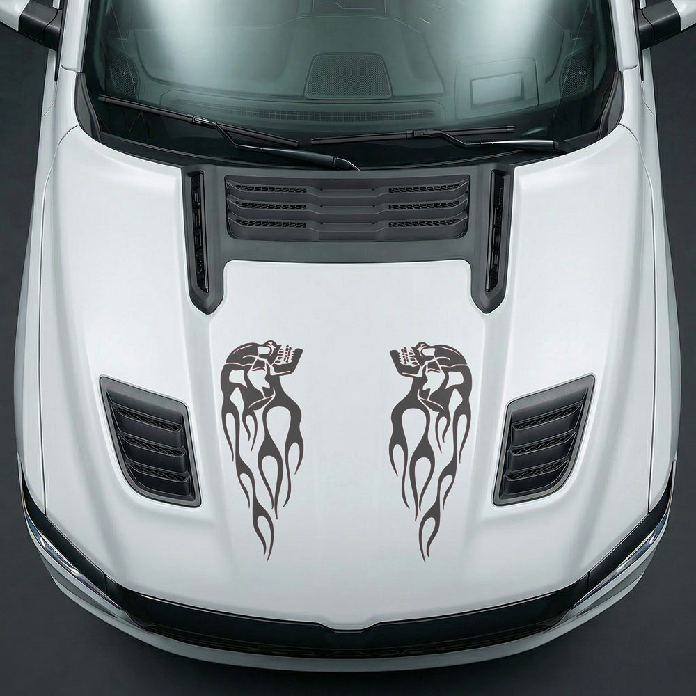 Hood Panel Decal/Sticker - Fiery Skulls Custom U-Shape - Cut Graphic Kit - For Dodge Ram 2019-2025 - Premium Vinyl