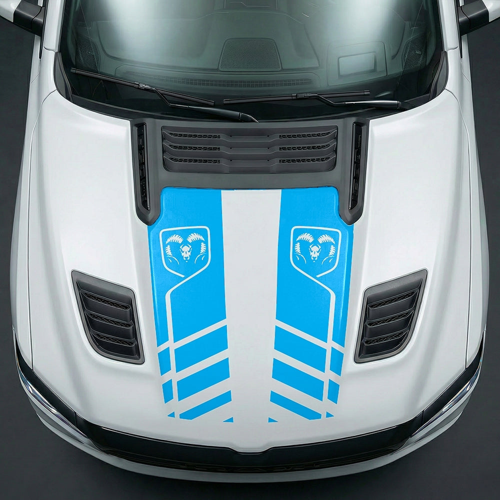 Hood Panel Decal/Sticker - Slotted Sport Stripe with RAM Shield Badge Graphic Kit - For Dodge Ram 2019-2025 - Premium Vinyl