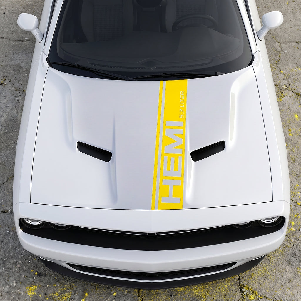 Hood Panel Decal/Sticker - HEMI 5.7 Liter Vertical Performance Stripe - Pillar Style Side-Hood Accent Vinyl Graphic Kit - For Dodge Challenger 2015-2024 - Premium Vinyl