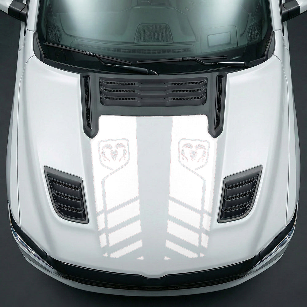 Hood Panel Decal/Sticker - Slotted Sport Stripe with RAM Shield Badge Graphic Kit - For Dodge Ram 2019-2025 - Premium Vinyl