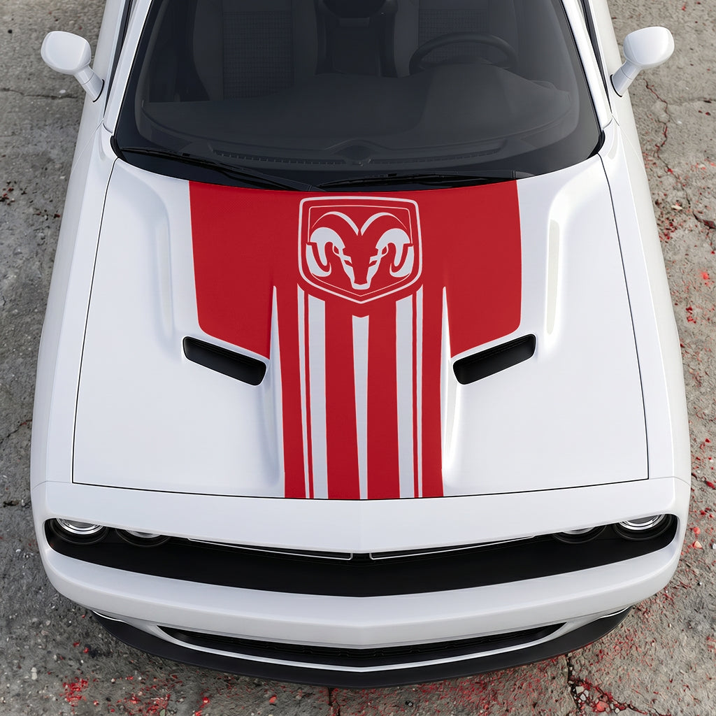 Hood Panel Decal/Sticker - Ram Emblem Apex Crest Triple-Stripe - Rugged Shield Design Vinyl Graphic Kit - For Dodge Challenger 2015-2024 - Premium Vinyl