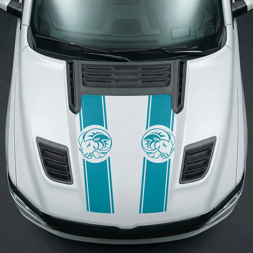 Hood Panel Decal/Sticker - Aggressive RAM Mascot Twin Racing Stripe Graphic Kit - For Dodge Ram 2019-2025 - Premium Vinyl