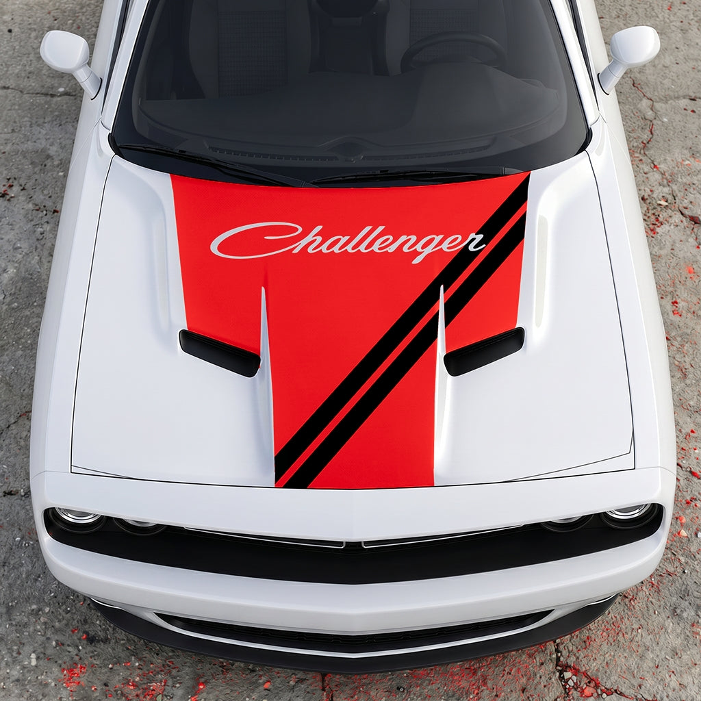 Hood Panel Decal/Sticker - Challenger Script Sidewinder Stripe - Dual-Band Offset Racing Graphic Kit - For Dodge Challenger 2015-2024 - Premium Vinyl
