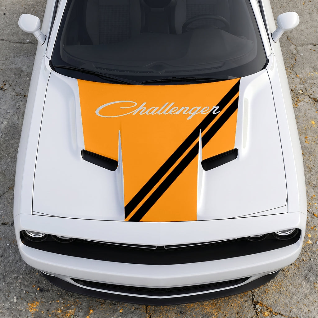 Hood Panel Decal/Sticker - Challenger Script Sidewinder Stripe - Dual-Band Offset Racing Graphic Kit - For Dodge Challenger 2015-2024 - Premium Vinyl