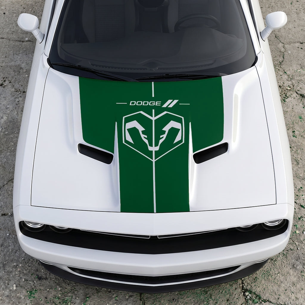Hood Panel Decal/Sticker - Modern Ram Heritage Diamond Shield Overlay - Dodge Logo Split Stripe Graphic Kit - For Dodge Challenger 2015-2024 - Premium Vinyl