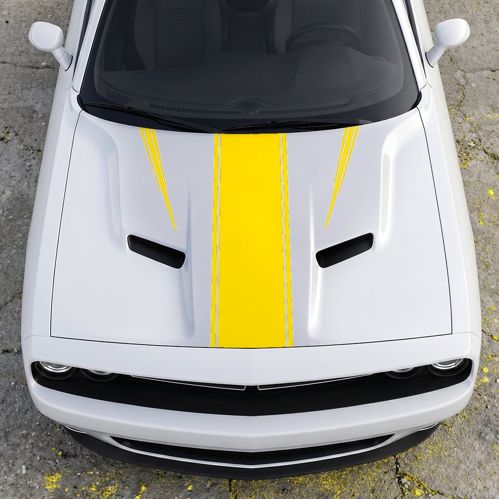Hood Panel Decal/Sticker - Sport Rally Triple-Threat Stripe - Center-Line and Fender-Flair Accent Graphic Kit - For Dodge Challenger 2015-2024 - Premium Vinyl